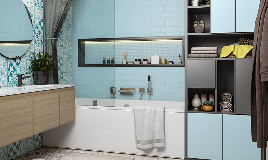 Best bathroom colors grey and white tiled floors paired with sky blue cabinetry looks refreshing.