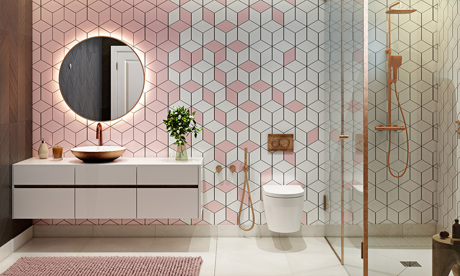 Bathroom color ideas with white and pink pairing is warm and welcoming with copper accents that complement it.